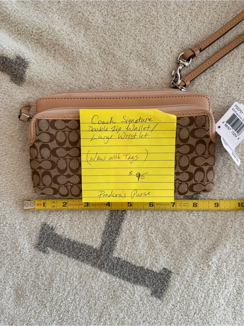 Coach Brown Signature Double Zip Wristlet with Tan Trim